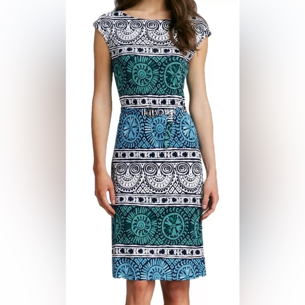 Tory Burch Dress S Kalvin Silk Blue Green White Sleeveless Sheath Stretch
